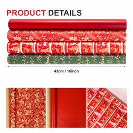 43cm×3m Christmas Wrapping Paper Rolls,4 Roll Package Christmas Wrapping Paper Gift Wrap Xmas Party with Christmas Pattern Recyclable Red Kraft Paper Roll for Christmas Party Wrap Decor