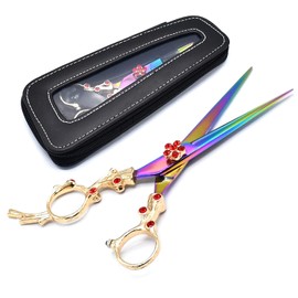 LAJA Imports Rainbow Gold & Red Stone Barber Hair Cutting Scissors 7'' With Pouch BTS-250
