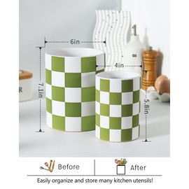 Swkien Utensil Holder，7.1"+5.8" Ceramic Kitchen Utensil Holder for Counter top, Checkered Cooking Utensil Holder for Spatula & Spoon, Kitchen Decor, Set of 2 (Green Checkered)