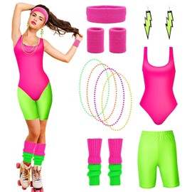HIQE-FL 80s Accessories Outfit Women, Women's 80s Workout Costume, 80s Outfit Women's 80s Accessories, with Bum Bag, 4 Beads Neon Necklaces, for Carnival, Fancy Dress, Theme Party