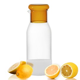 hjn Glass Pitcher Glass Water Carafe with Cup Lid, Fridge Water Jug Cold or Hot Beverages, Iced Tea, Milk, Juice 830ml/28oz & clear cup lid (Glass Pitcher-Yellow cup lid)