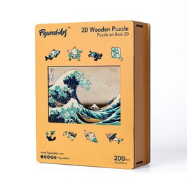 Figured'Art Hokusai Wooden Puzzle for Adults and Children, 200 Pieces, The Great Wave in Kanagawa, Original Design, 31.2 x 22 cm, Unique Shape with Premium Wooden Box