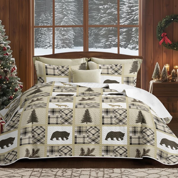 chiinvent Christmas Bedding Quilt Cabin Quilts Queen Size, Rustic Bedding,