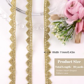 URROMA 10 Yards Golden Heart Pattern Embroidered Lace Trim Vintage Edging Fabric Applique for Costume Sewing DIY Lamp Shade Wedding Decors,11 MM