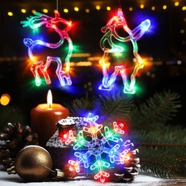 3Pcs Christmas Window Lights, Battery Powered Christmas Window Hanging Decorations Reindeer & Christmas Tree & Snowflake Shaped Indoor Lights with Suction Cup, Timer for Christmas New Year Home Decor