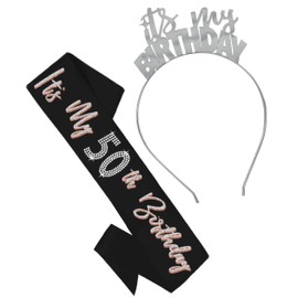 RhinestoneSash 50th Birthday Party Decorations - Silver & Rose Gold Glitter It's My 50th Birthday Black Satin Sash & Silver It's My Birthday Headband Tiara