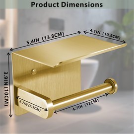 DIYZON Toilet Paper Holder with Shelf, Heavy-Duty Stainless Steel Bathroom Hardware, Self-Adhesive No-Drill/Drill-Mount Wall-Mounted Roll Holder, Rust-Proof Bathroom Tissue Rack (Gold)