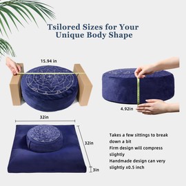 Zafu & Zabuton Meditation Cushion Set - Buckwheat Hull & Memory Foam Pillows, Ergonomic Support for Yoga, Mindfulness - Organic Velvet Cover, Large Size, Durable Comfort (Dark Blue)