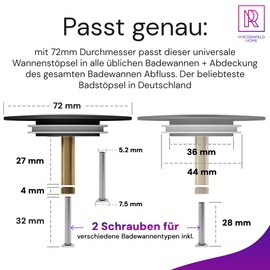 M. ROSENFELD HOME Black Bath Plug Diameter 72 cm - Matt Black Bath Plug Brass with Double Seal - Rustproof Bathtub Plug Closure Bathroom Accessories