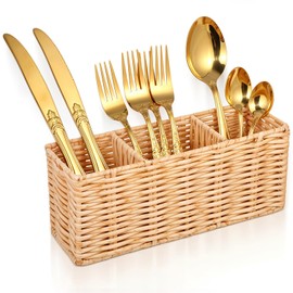 YBEATY Wicker Flatware Silverware Caddy, Plastic Woven Kitchen Cutlery Organizer Storage Holder Party Condiment Utensil Carrier Basket for Countertop Table Picnic Holds Spoon Knives Fork Napkins