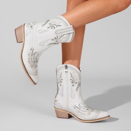 Krypthixor White Rhinestone Ankle Cowboy Boots for Women Embroidered Short Cowgirl Boots With Chunky Low Heel Square Toe Comfortable Western Booties For Prom Party Wedding Pull On Shoes Size 7