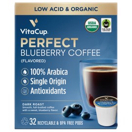 VitaCup Perfect Blueberry Flavored Low Acid Coffee Pods, Organic, Fair Trade, Dark Roast Single Origin from Guatemala, Clean & Pure, Recyclable Single Serve Pods, 32 Ct