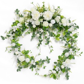 Ling's Moment 9FT Eucalyptus and Willow Leaf Garland with White Flower, Handcrafted Wedding Sweetheart Table Centerpieces Head Table Decor Arch Backdrop Decorations for Wedding | Lily White