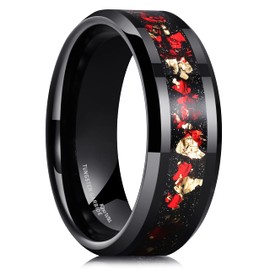 King Will Mens 8mm Black Tungsten Carbide Wedding Ring Red and Gold Foils Inlay Tungsten Ring Wedding Band Beveled Edge S(9.5)