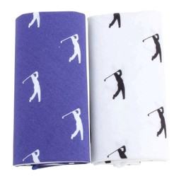 Two Dalaco Golf Print Cotton Handkerchiefs with a golfer taking the shot, one each of blue and white in a David Aster presentation box
