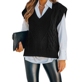 Dokotoo Sweater Vest Fall Sweaters for Women 2022 Cable Knit Sweater Tops Black Vests Fashion Casual Tunic Sleeveless Sweater V Neck Oversized Sweater Vest Christmas Outfits Clothes for Women,Small