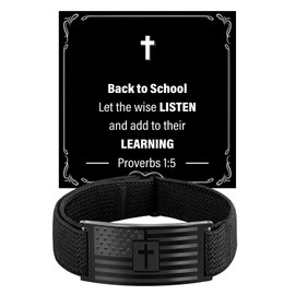 LDOWWGL Bracelets for Men Boys - Patriotic American Flag Cross Bracelet - Adjustable Black Elastic Stretch Strap Bible Verse Bracelets - Back to School, Birthday Gifts for Men, School