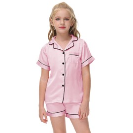 Veseacky Girls' Satin Pajamas Set Two Piece Silk Nightwear Button-Down Sleepwear for Mom and me (Pink,size 8)
