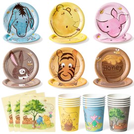 Z1juce 90PCS Winnie Themed Party Tableware for 30 Guests Winnie Plates Napkins Cups Party Set for Baby Show Table Decorations Bear Theme Disposable Dinnerware for Girls Boys Kids Birthday Supplies