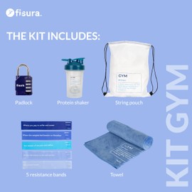 FISURA – Original Gym Kit. Includes: 5 Resistance Bands, 1 Protein Shaker, 1 Towel, 1 Lock, and 1 Drawstring Bag. Fitness Gift. Gym equipment