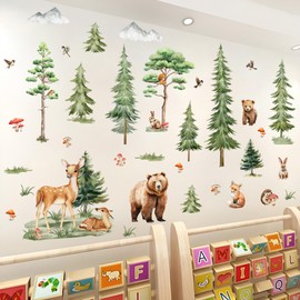 Jungle Pine Tree Wall Decals for Kids, Safari Theme Stickers with Giant Brown Bear Sika Deer, Baby Nursery Classroom Bedroom Wall Decor Murals Home Decor (Green)