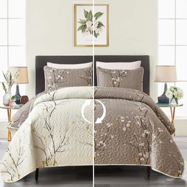 3 Pieces Floral Quilt Set Queen Size Tan Branch Pattern Quilt, Cream White Floral Reversible Bedspread, Soft Microfiber Botanical Floral Summer Quilt Bedding Coverlet Set for All Season (96''x90'')