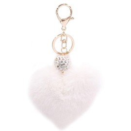 Unpafcxddyig Pom Poms Keychains Cute Fluffy Heart Pearl Rhinestone Keyring Artificial fur Puff ball for Car Bag Charms,White