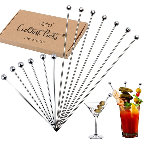 Cocktail Martini Picks and Stirrers Toothpicks – (12 Pack / 4 & 8 Inch) Reusable Cocktail Picks - Stainless Steel Metal Drink Skewers Sticks for Martini Olives Appetizers Bloody Mary Fruits