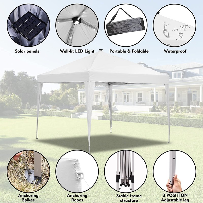 10x10 Solar LED POP UP Canopy Portable Instant Gazebo Adjustable
