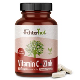 Vitamin-C + Zink 120 Kapseln | hochdosiert mit 310mg Vitamin-C und 10mg Zink | mit natürlichem Vitamin-C aus der Hagebutte | vegan | Immunschutzkombination| vom Achterhof