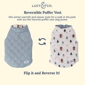 Lucy & Co. The Flurried Forest Reversible Puffer Vest (Pets) for Small Dogs, Medium Dogs and Large Dogs - Large - White & Blue Trees