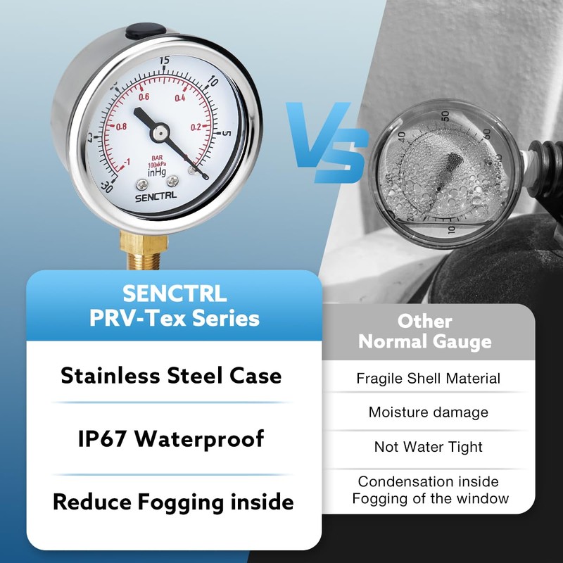 SENCTRL 30inHg Vacuum Pressure Gauge, 2" Dial, 1/8 NPT Lower