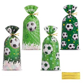 BHNKGZNA 100 Pcs Soccer Party Favor Bags Goodie Bags 4 Designs Soccer Treat Bags Candy Snack Bag with 100 Ties for Sport Game Day, Birthday Party Favors Supplies Soccer Tournaments Sports Events
