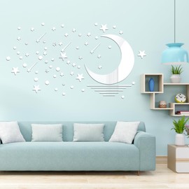 FHUIEWRY Star Wall Stickers Decor, Moon Shooting Star 3D Acrylic Mirror Wall Stickers Set, Removable Decals Self-Adhesive Silver Celestial Art for Home Living Room Bedroom Classroom Playroom Decor