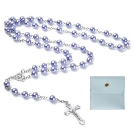 Calkkrer Catholic Rosary, Communion Rosary with Retro Cross, Velvet Gift Bag, Elegant Cross, Christening Communion Wedding Communion Party (Pale Purple), Glass
