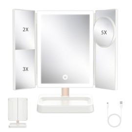 BERTHALESS Rechargeable Trifold Makeup Mirror with 78 LED Lights, Compact Travel Light Up Vanity Mirror 3 Way Mirror with Magnification 3 Color Lighting Adjustable Brightness Touch Control