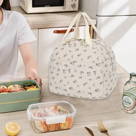 Corduroy Lunch Bag for Women Girls Lunch Tote Bags Reusable Insulated Lunch Box for Work Picnic School Travel (Beige Corduroy - Floral Purple)