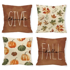 Cloudfomila Fall Brown Pumpkin Pillow Covers 18x18 Inch, Autumn Maple Leaf Throw Pillows Linen Square Thanks Give Pillowcase Thanksgiving Decorative Farmhouse Cushion Case for Sofa Couch Set of 4