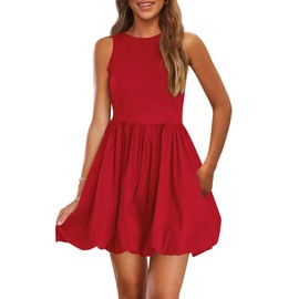 PRETTYGARDEN Summer Dresses for Women 2025 Causal Sleeveless Tank Mini Short Dress Crew Neck Bubble Sundress with Pockets (Red,Medium)
