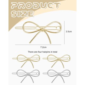 BPTRKOM Pack of 4 Hair Clips Bow - Hair Clips with Metal Bow for Women and Girls, Chic, Simple, Fashionable, Hair Clips Women's Metal Retro for Wedding Party Girls (Gold, Silver)