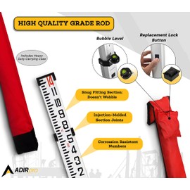 AdirPro 14-Foot Aluminum Grade Rod – 8ths, Dual Sided 5-Section Telescopic Leveling Rod – Bubble Level and Soft Carrying Case Included
