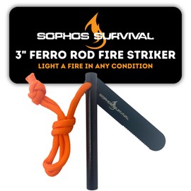 Sophos Survival Ferro Rod Fire Starter Drilled Flint and Steel Survival Tool Kit with High Visibility Paracord Lanyard and Weatherproof Striker - 3 Inches Long x 5/16 Inch Diameter