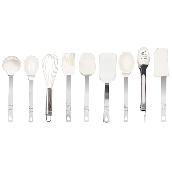 Rae Dunn Everyday Collection - Juego de utensilios de cocina (9 piezas, acero inoxidable y silicona), color blanco