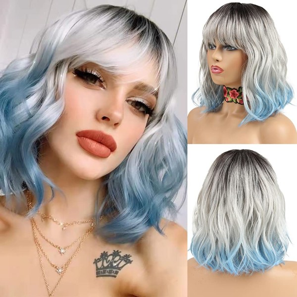 NOBLE Blue Wig with Fringe Short Bob Curly Wigs for Women Colourful Wavy Bob Wigs with Air Bangs Heat Resistant Synthetic Silver Blue Wigs