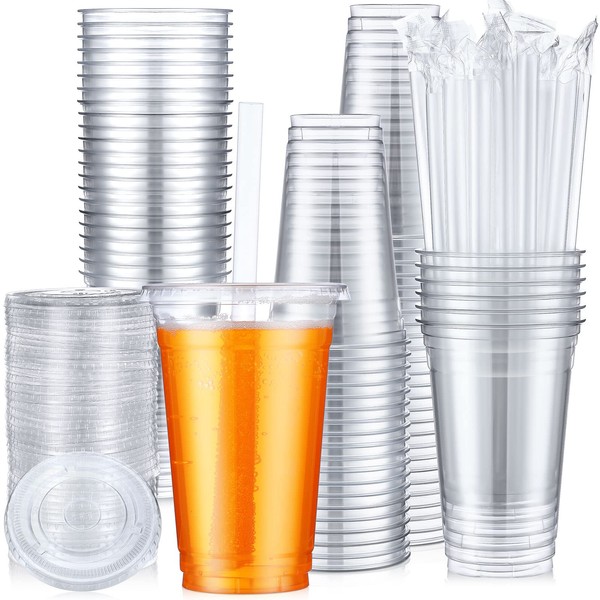 Disposable Clear Plastic Cups with Flat Lids and Straws, Crystal Pet Cups Large Cold Party Drinking Cups with x Hole for Ice Coffee, Tea, Juice, Fruit Drink and Smoothie Cup(100 Sets,32oz)