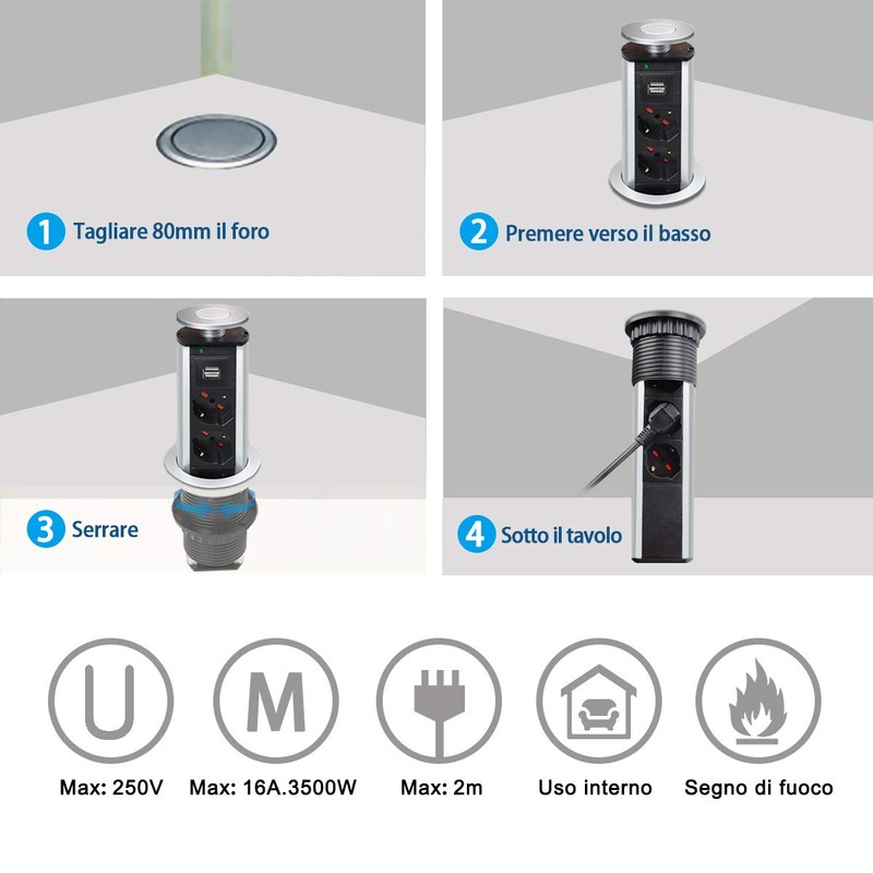 EXTRASTAR Retractable Desk Socket with 2 USB 3 Italian Sockets
