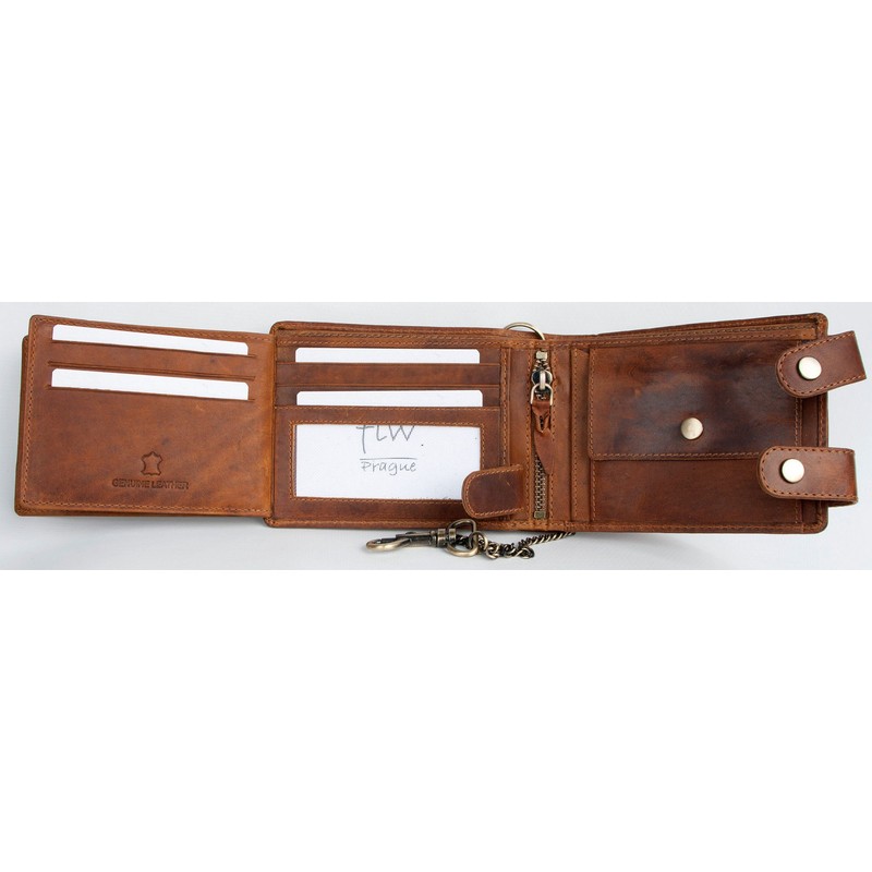 FLW Men's Biker Natural Leather Wallet with a Metal Chain