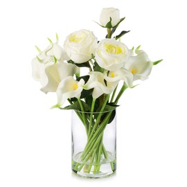 ENOVA FLORAL 18 Heads Calla Lily Flowers Real Touch in Glass Vase Mixed Rose Artificial Flowers, Artificial Flowers in Vase with Faux Water for Dining Table Centerpieces, Wedding Event (White)