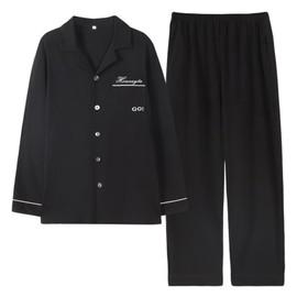 Heweayta Men's Pajamas, Long Sleeve, Open Front, Loungewear, Top and Bottom Set, Thin, Spring and Autumn, Loungewear, Sweat Absorbent, Breathable, Skin-friendly, Black