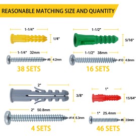 JEGONFRI 208PCS Drywall Anchors and Screws Assortment Kit, Wall Anchors and Screws Kit, 4 Sizes Plastic Anchors and Matched Phillips Pan Head Screws